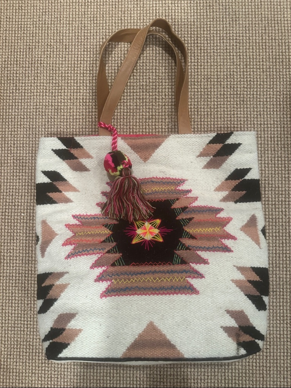 Embroidered Southwest Pattern White & Tan Tote with Pink Tassel